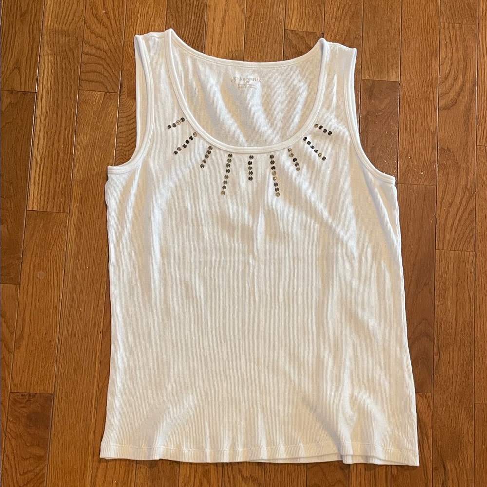 St. John's Bay White Tank Top Ribbed with Metal Embellishments Size Large